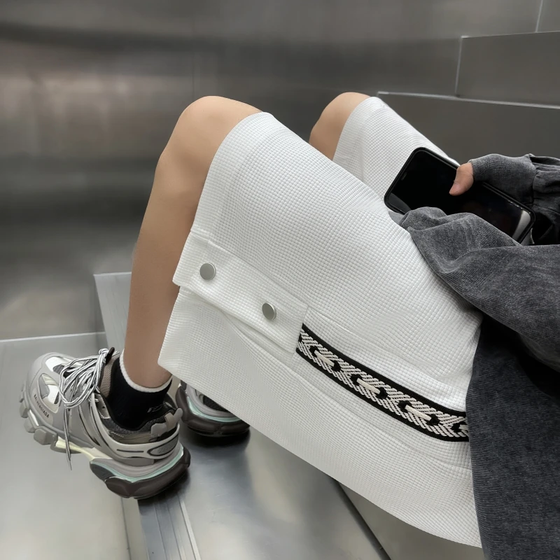 Men's Pants Shorts Waffle Summer Thin Tide Casual Knee Length Large Size Loose Straight Webbing Buttons Sweatpant Shorts for Men