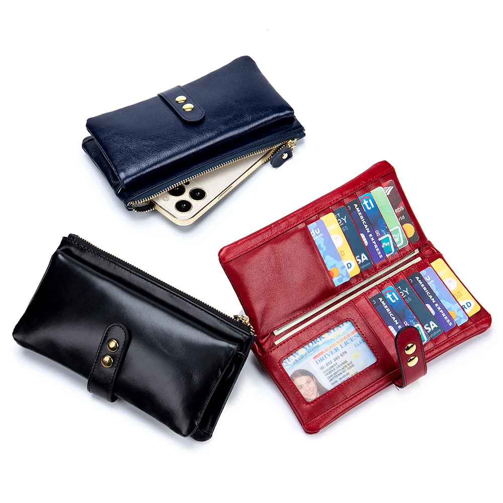 

A2039 Multi-Functional Large Capacity Zipper Hasp Style Oil Waxed Genuine First Layer Cow Leather Exquisite Lady Long Wallets