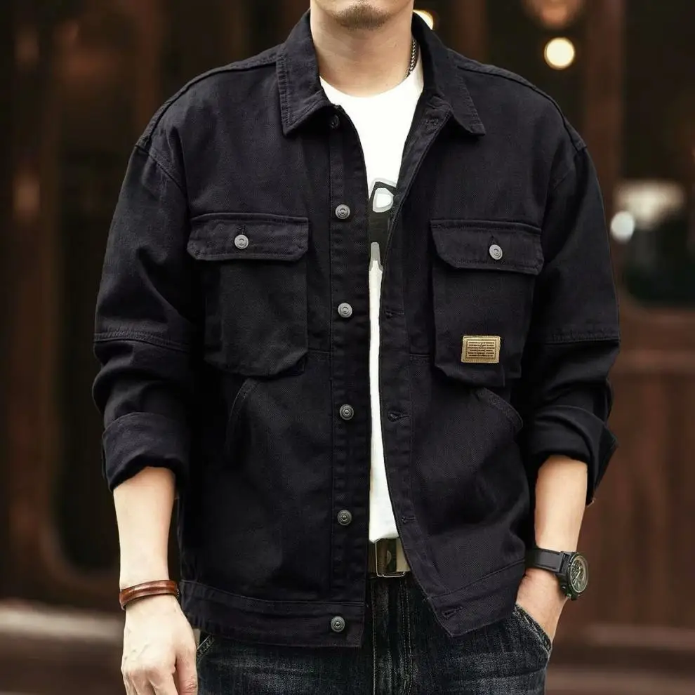 Denim Cargo Jacket - Plus Size Men's Oversize Casual Coat With Turn-Down Collar