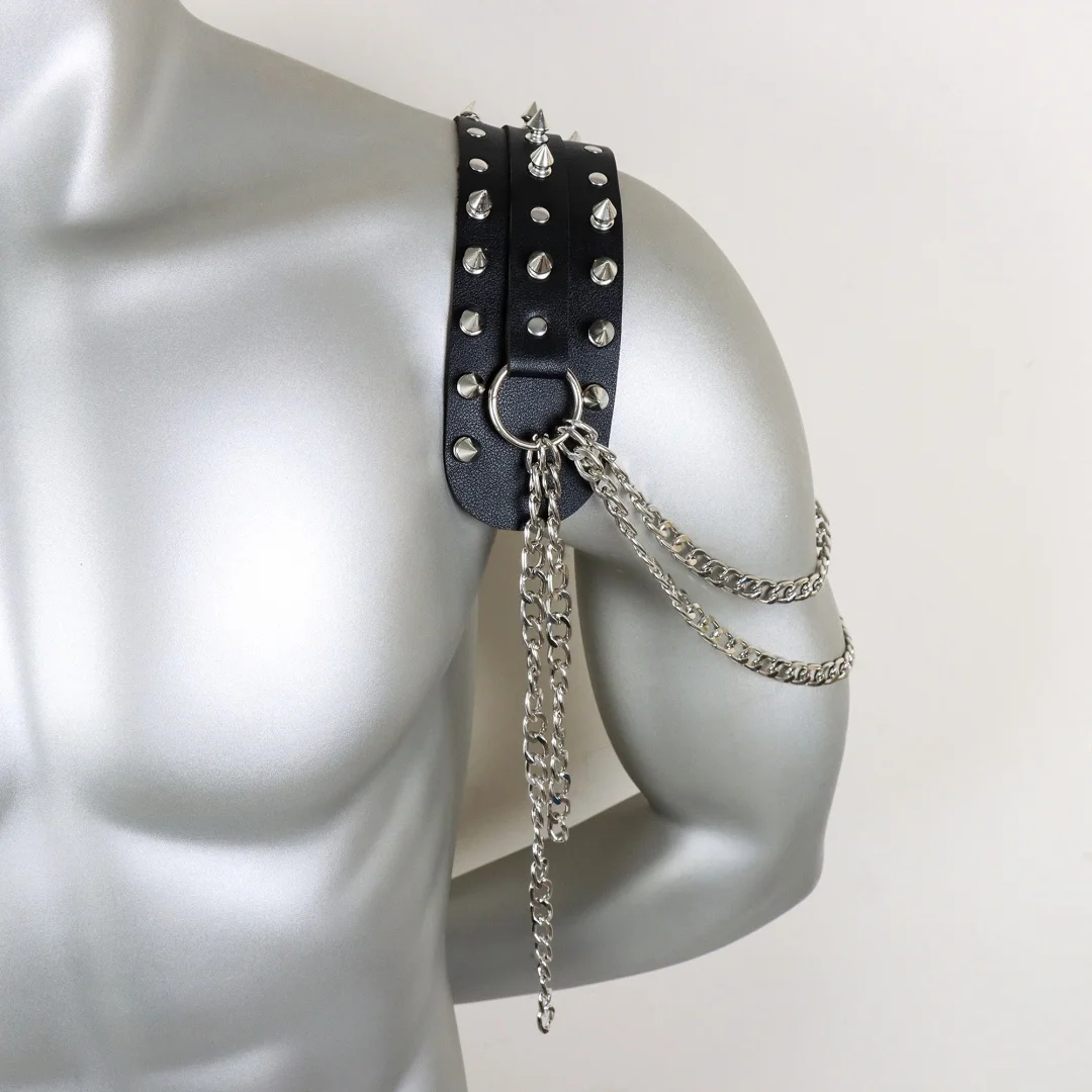 Sexy Herrengürtel PU-Leder Harness Strap mit Brustkette Schultergürtel Metallring Y2k Goth Punk Cosplay Zubehör – Detail 9