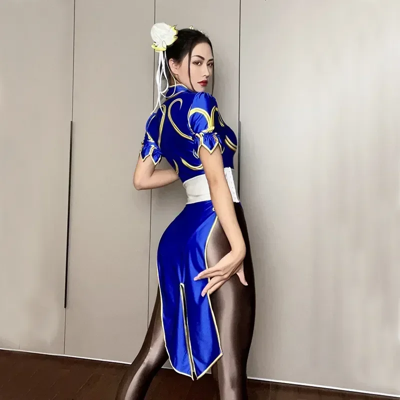 

4Pcs Set Shiny Glossy Satin One-piece Body Suit Japanese Anime Street Fighter Cosplay Chunli Skirt Sexy Costume Roleplay