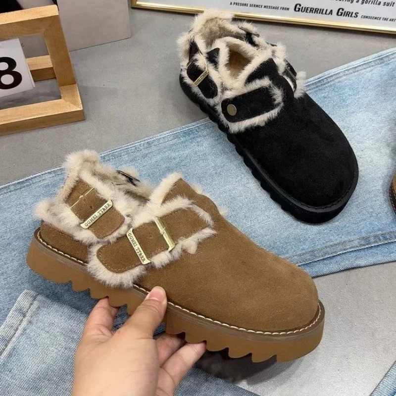 

Зимние женские ботинки на плоской подошве с коротким плюшем и хлопком, модные замшевые ботинки на платформе с круглым носком для женщин, уличные повседневные ботильоны для снега
