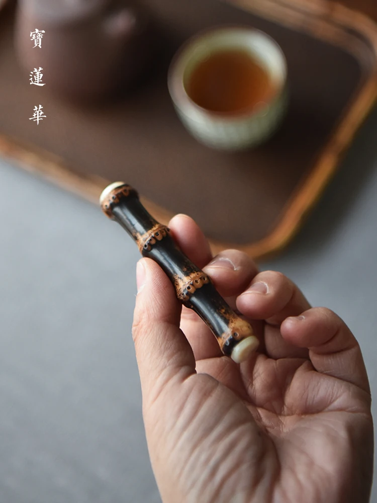 꽃무늬가 새겨진 황소뿔 보라색 대나무 노드 선반 차 도구 홀더 대나무 젓가락 홀더 펜 받침대 다도 용품