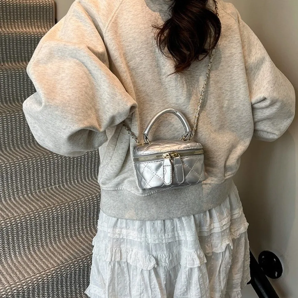 Mini Diamant-Gesteppte Leder-Bucket-Bag Mehrfarbig mit Goldkette Schulterriemen Crossbody-Tasche Karomuster – Detail 3