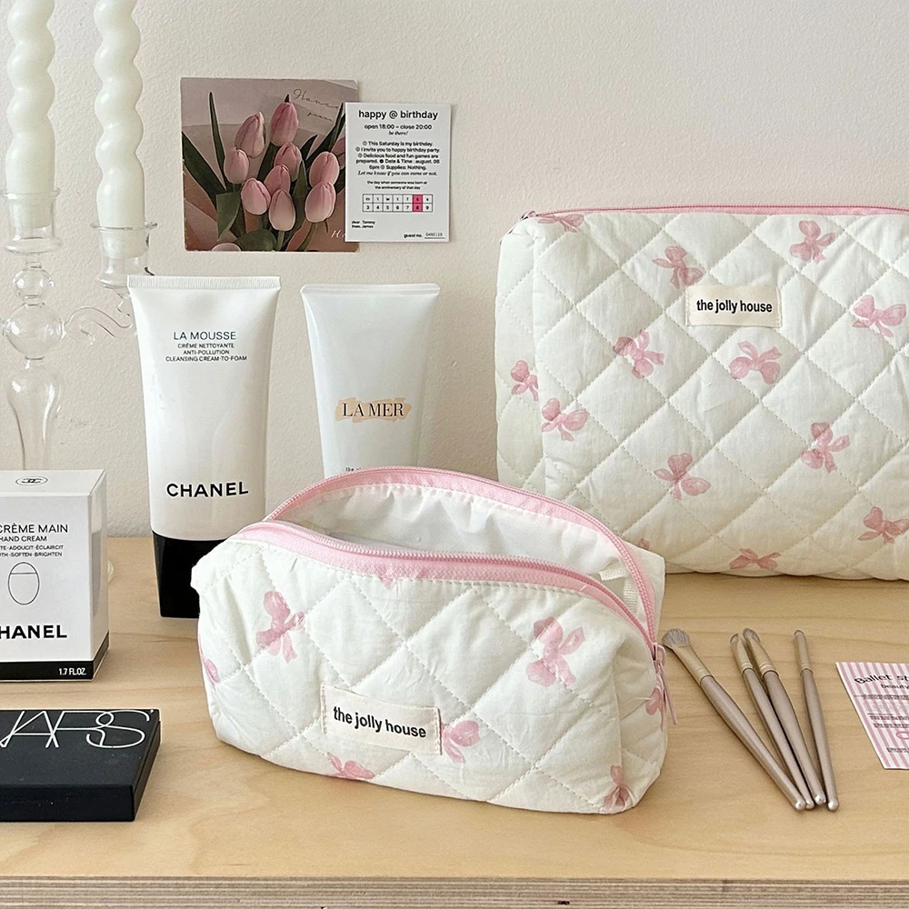 Korea Bow Print Women Makeup Bag Large Capacity Portable Cosmetic Case For Travel Toiletries Cosmetics Storage Bag 5