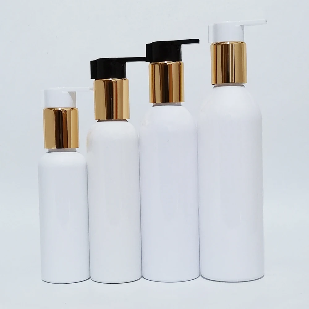 

100ml 150ml 200ml 250ml Empty White Plastic Bottles Shampoo Shower Gel Container With Gold Pump PET Bottles For Personal Care