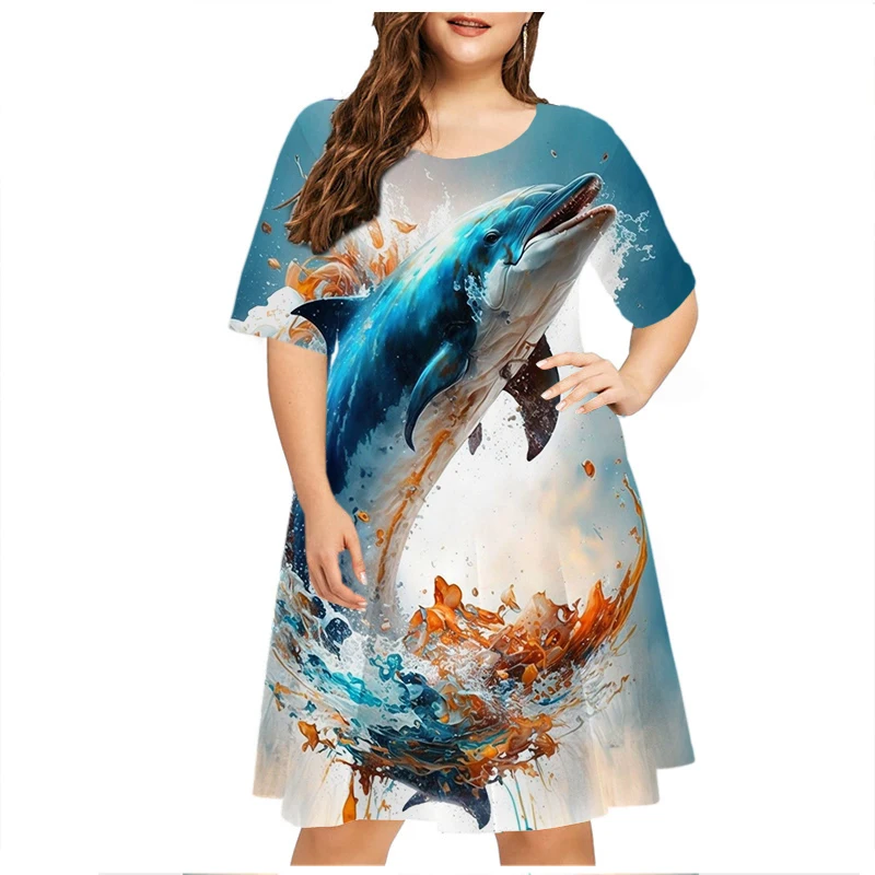 Fishing Pattern Dress Women Cute Loose Print Dresses Elegant Beach Party  Dress Summer Fashion Short Sleeve Plus Size Dress 6XL