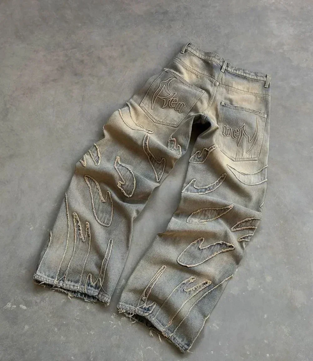 Y2k Fashion Jeans Harajuku Embroidered Hip Hop Leisure Denim Pants Men Women High Waist Straight Leg Wide Leg Jeans Streetwear 2