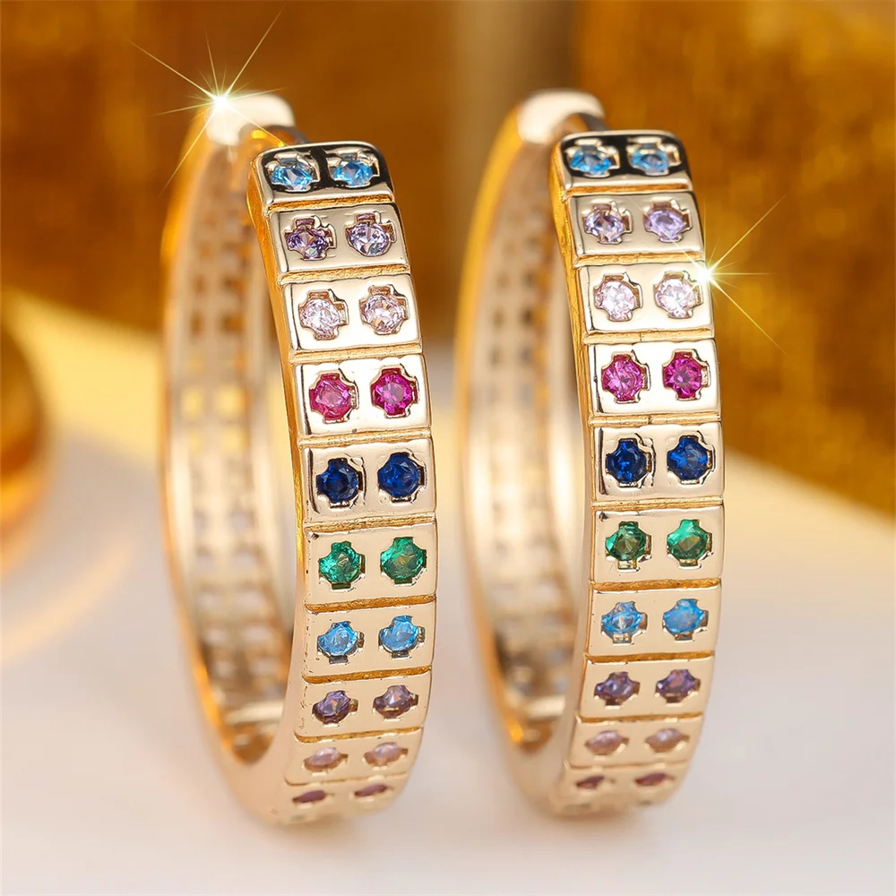 Double Row Rainbow Zircon Small Round Stone Hoop Earrings For Women Vintage Gold Color Ear Buckle Wedding Jewelry Valentine Gift