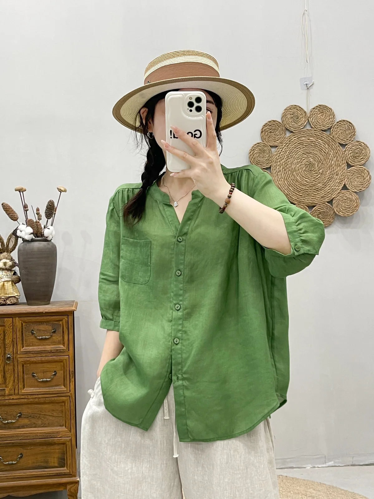

Винтажная зеленая рубашка и блузка из рами для женщин, летние однотонные рубашки в японском стиле с v-образным вырезом, приятные для кожи Топы больших размеров