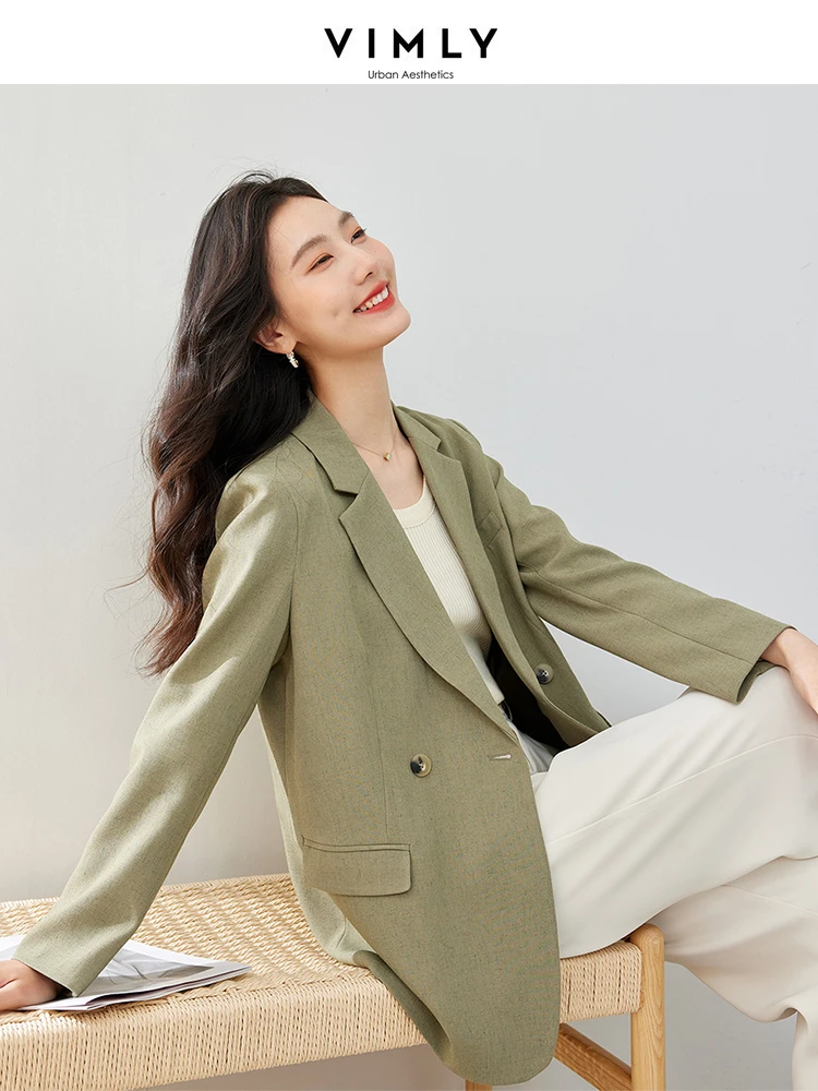 Vimly Spring Linen Blend Blazers for Women 2024 Business Office Wear Suit Jacket Shoulder Padded Notched Straight Blazer M6151