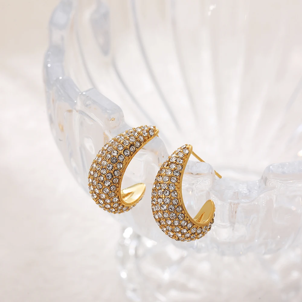 Sparkling Zircon C Shape Hoop Earrings for Women Stainless Steel Sleek Thick Ear Hoops Simple Daily New Jewelry Femal Party Gift