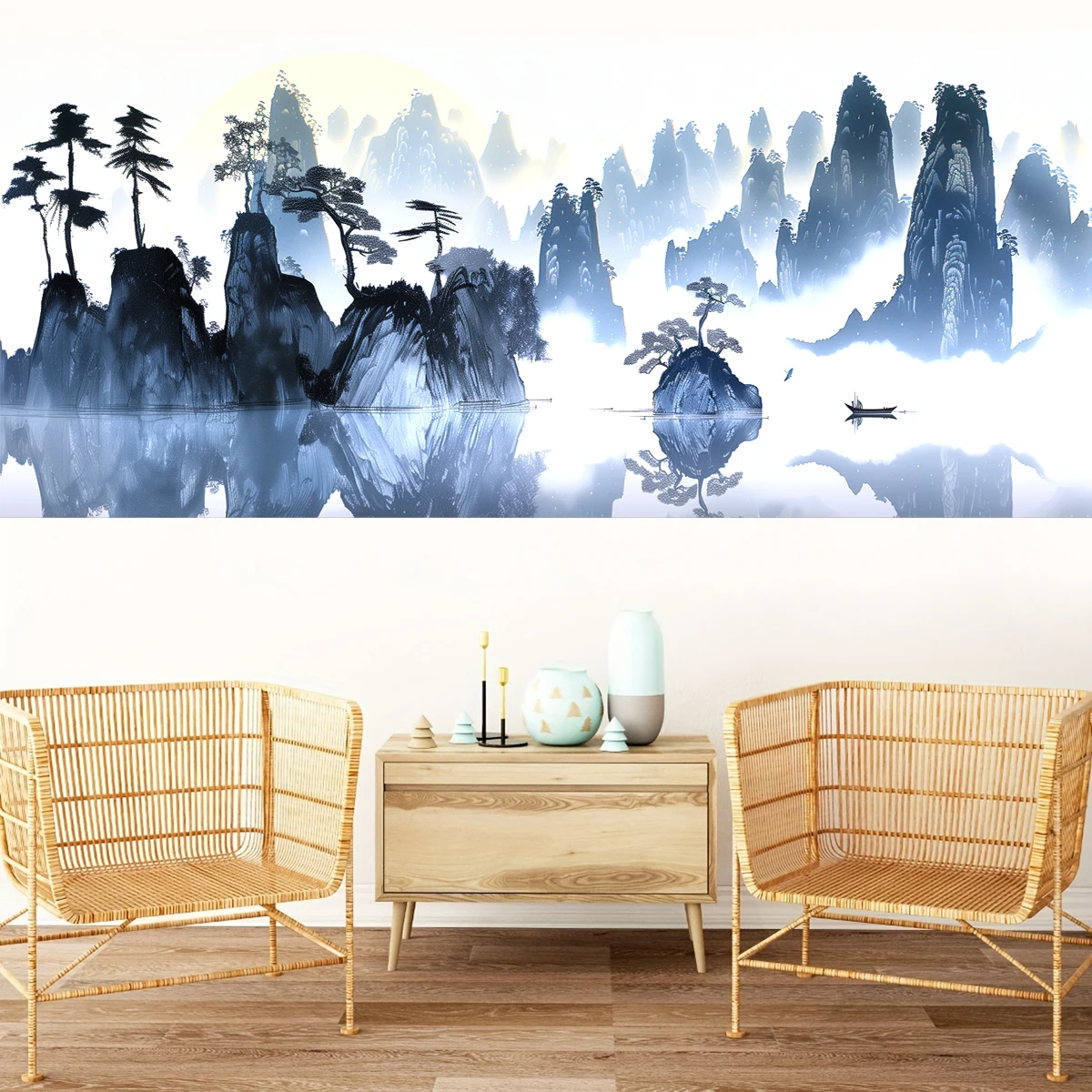 

4pcs Chinese Style Sunset Landscape Wall Stickers, Pine Tree Boat Decorative Wall Stickers Suitable For Living Room, Study, offi