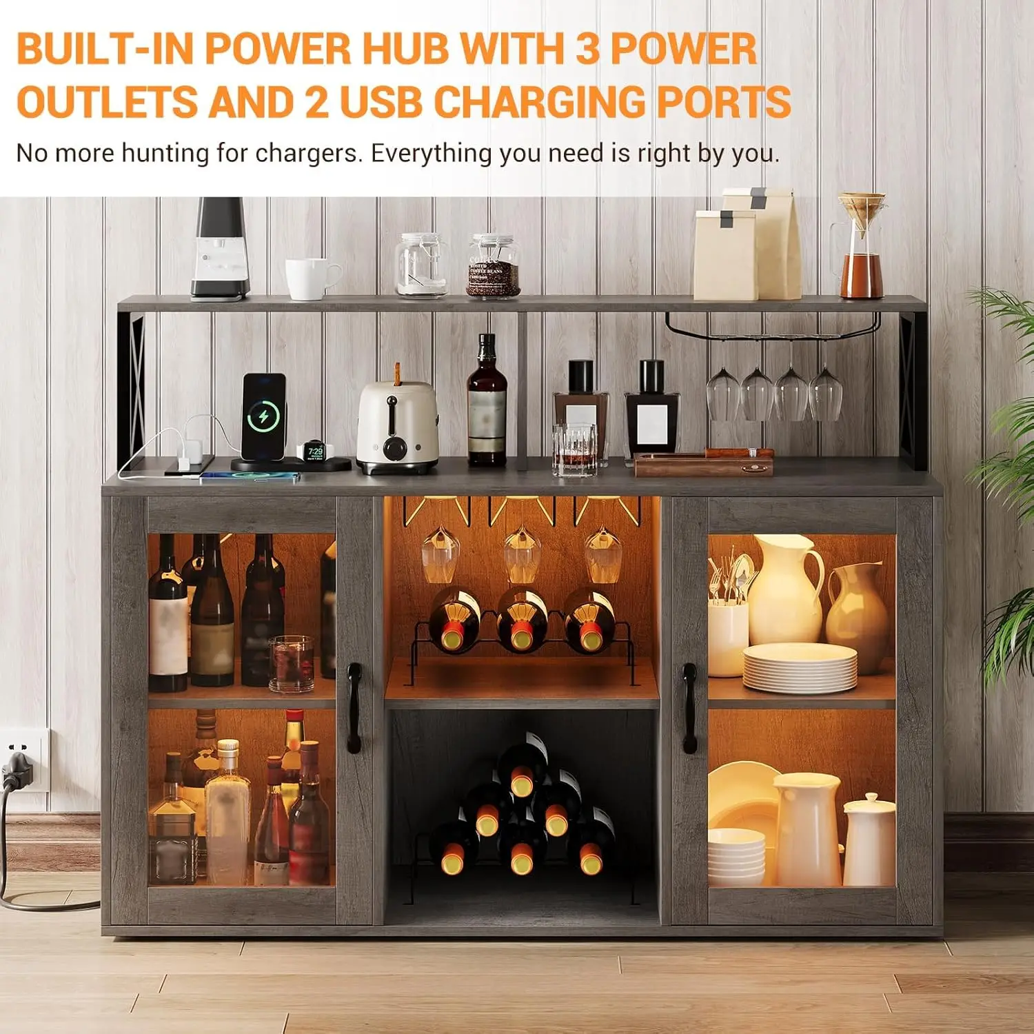 Bar Cabinet with Storage Shelves, Kitchen Sideboard Buffet Cabinet with LED Lights,Liquor Wine Rack & Goblet Holder