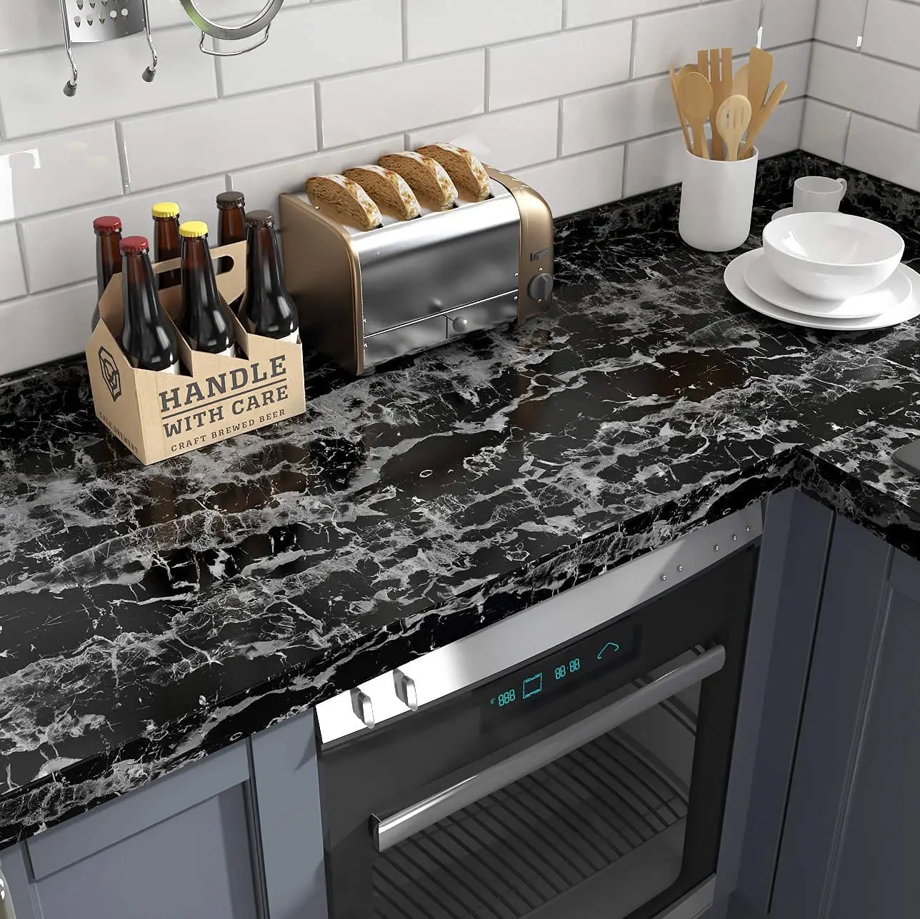 Selfadhesive Thickened Black Marble Kitchen Peelable Wallpaper