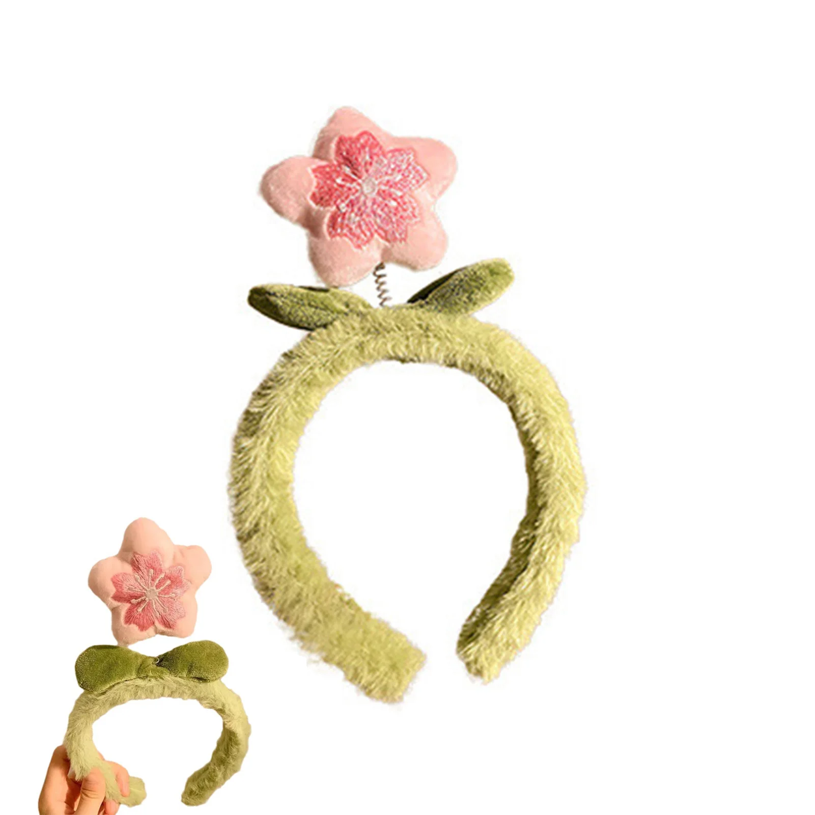Süßes Plüsch-Rosa-Blumen-Stirnband mit grünen Blättern für Frauen und Mädchen, Blumenkrone, süßes Blumen-Haarband zum Waschen des Gesichts, Haarreifen – Detail 3