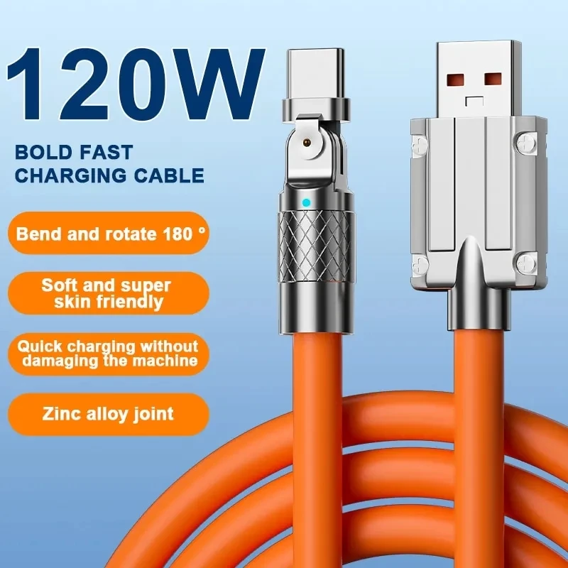 

120W 6A Fast charging Type C Cable Rotation Elbow Cable for Game For Xiaomi Samsung Phone Charger Liquid Silicone USB C Cable