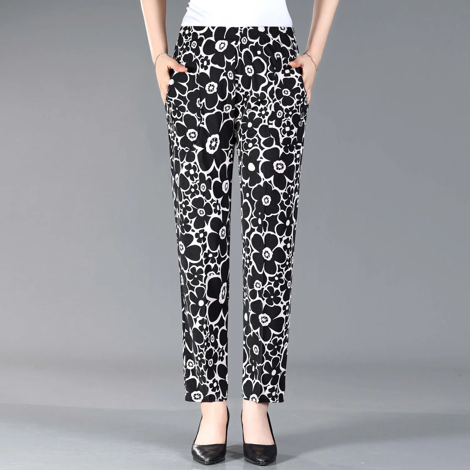 Middle-aged And Elderly Women's Pants 2024 Summer Thin High Waisted Elastic Mom's Floral Printed Trousers 4XL