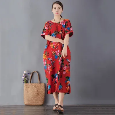 

Summer New Butterfly Flower Cotton and Linen Loose Dress