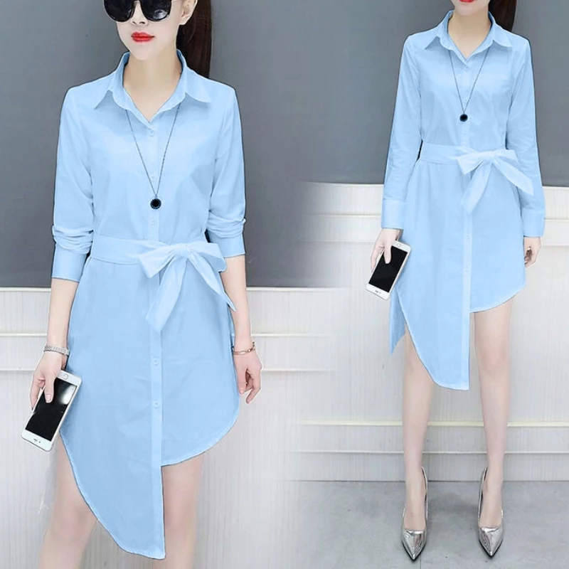 

2024 Spring and Autumn New Mid Length Shirt Women's Sexy Irregular Belt Fashionable Waist Tightening Loose Slimming Long Sleeved