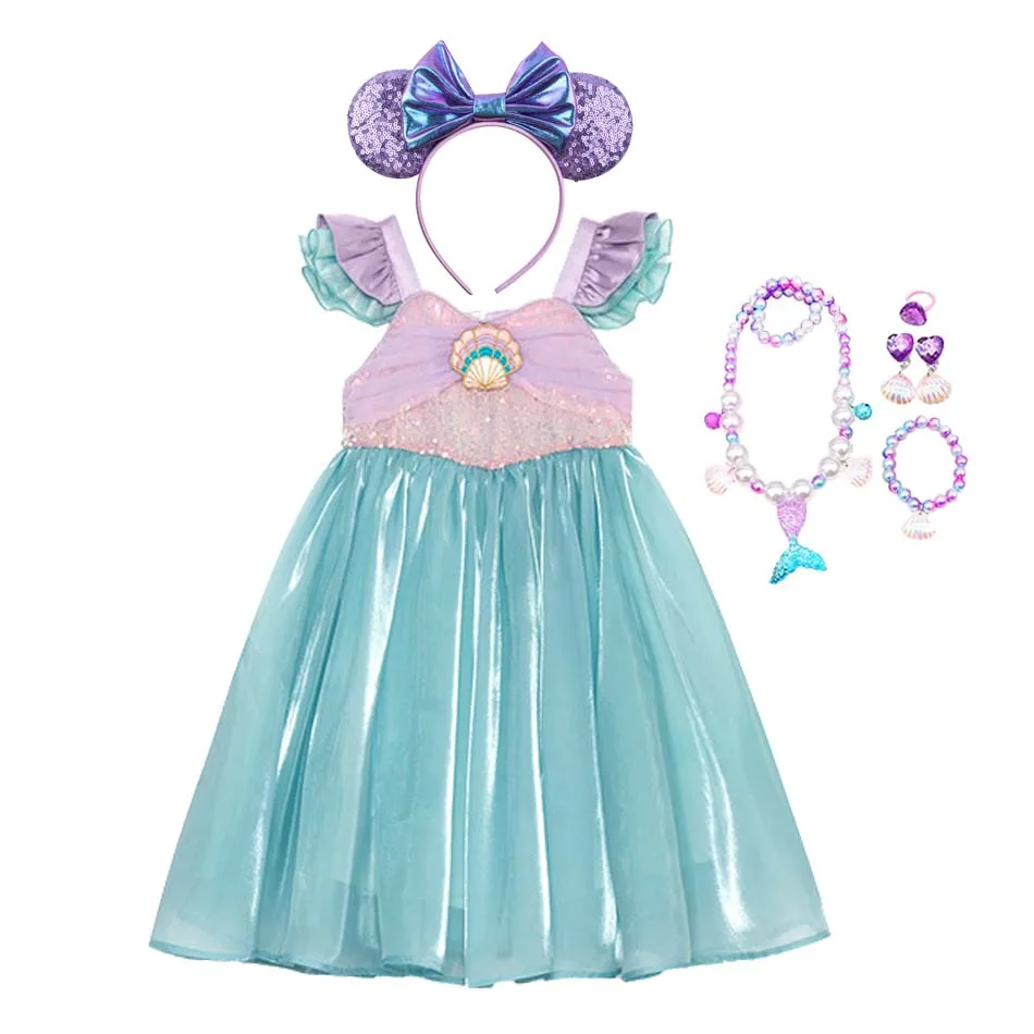 Crianças pequena sereia verão meninas vestido casual ariel vestido de princesa bonito festa de aniversário traje crianças vestido 10