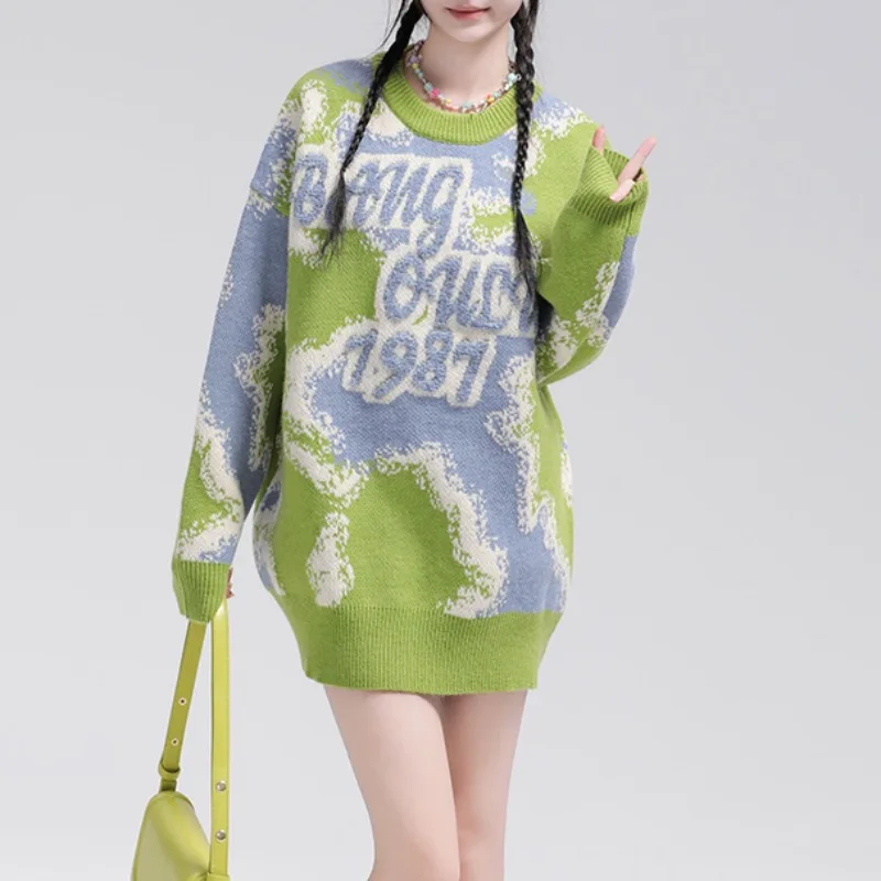 Fashion Contrast Color Knitted Sweater Unisex Harajuku Sweater Casual Letters Pullover Streetwear Loose Sweaters Jumper Knitwear
