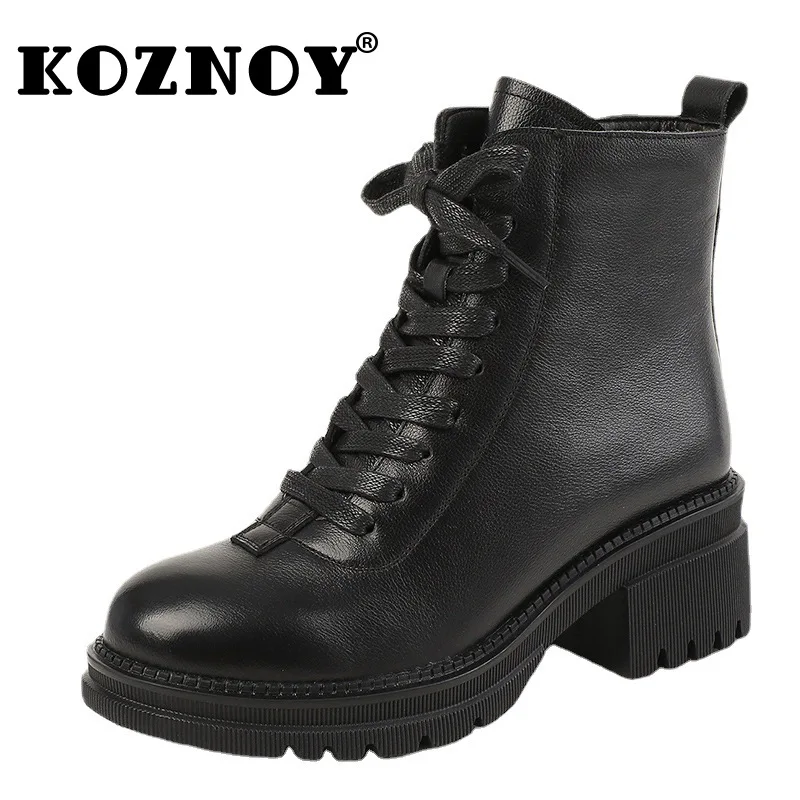 

Koznoy 5.5cm Genuine Leather Platform Wedge Big Size Winter Mid Calf Motorcycle Booties Plush Warm Fur Women ZIP Non Slip Shoes