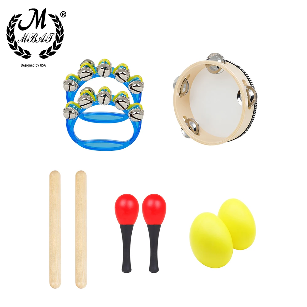 M MBAT 5Pcs Set Orff Instrument Set 6 Inch Black Lamb Chop Tambourine Sand Egg Rhythm Stick Children's Percussion Instrument