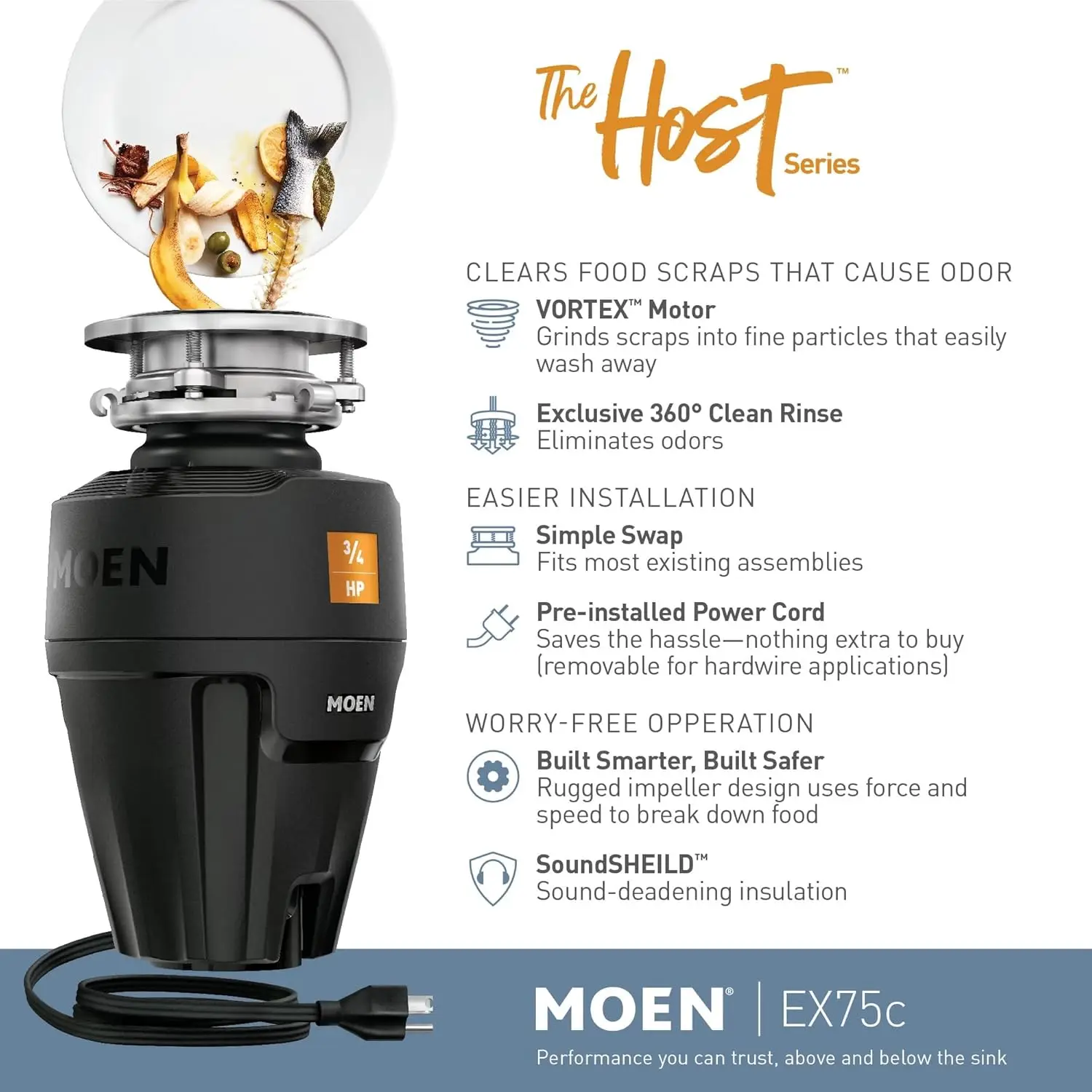 Black EX Series Host Series 3/4 Horsepower Improved Installation Garbage Disposal, 3