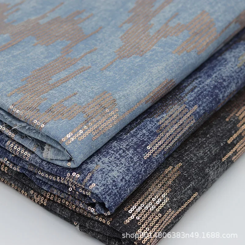 Washed Denim Fabric Embroidered Champagne Bead Dress Clothing Material for Dresses Coats Pants Children's Accessories And Baby C
