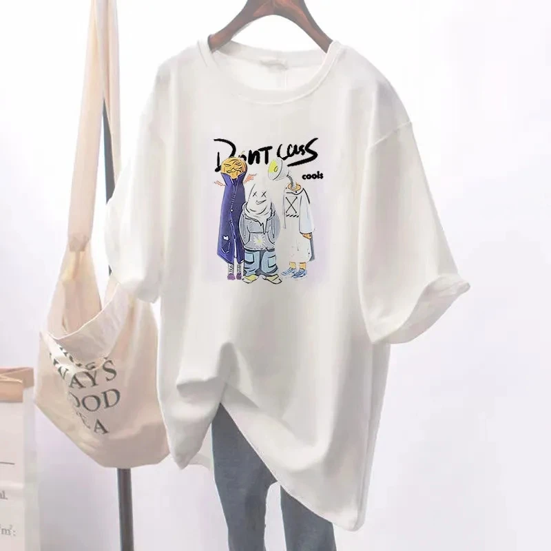 

Large Size 6XL 150kg Women Summer T shirt Cartoon Tees Ladies Casual White t shirt street wear Oversized top