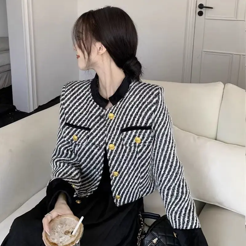 Korea Small Fragrant Coat Chic Stand Tweed Jacket Women Vintage Autumn Chaquetas Mujer Jaqueta Feminina Black Striped Cardigan