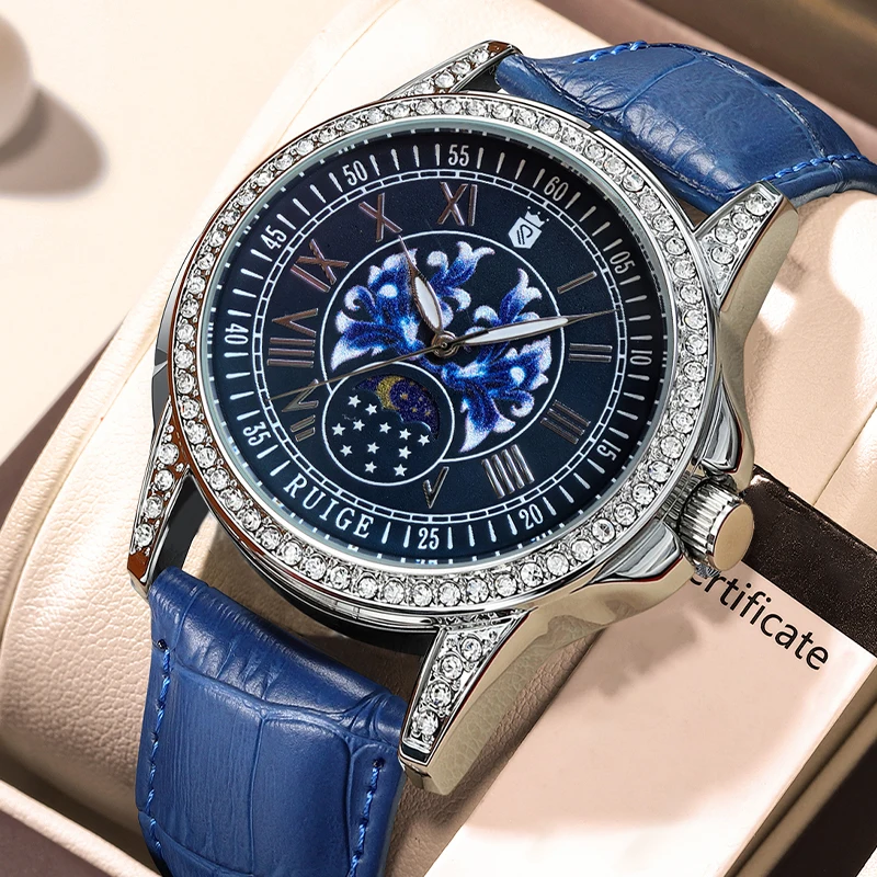 Swiss brand RUIGE men's trend inlaid full diamond watch quartz watch genuine leather waterproof blue watch кастрюля swiss diamond