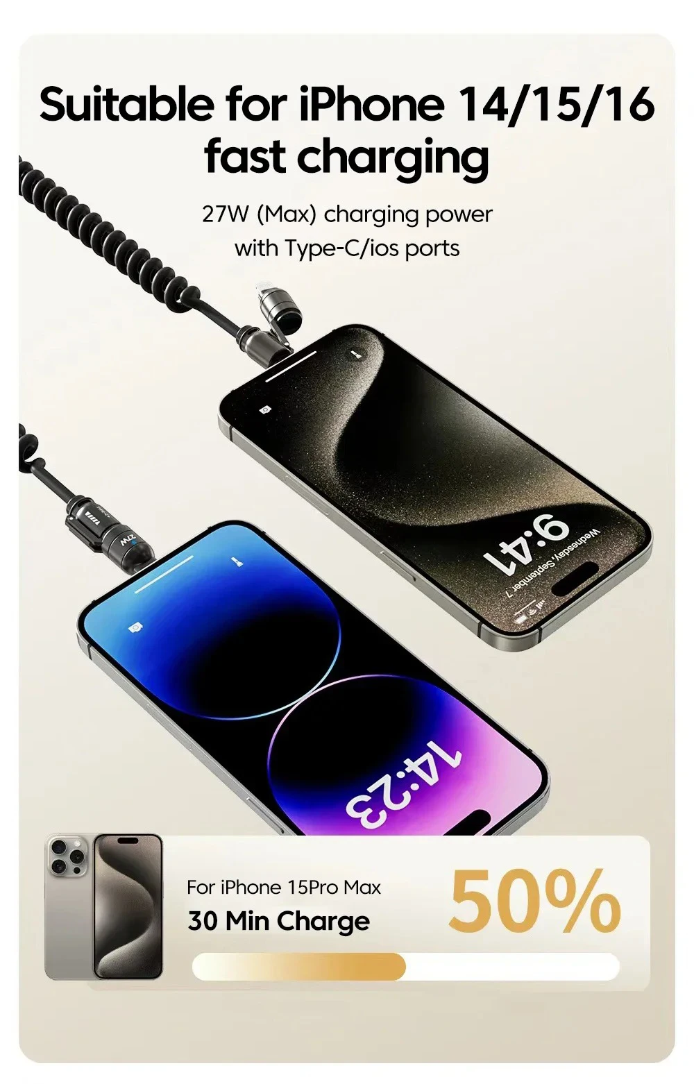 Car Spring Data Cable Type C 4-in-1 240W for IPhone Huawei Samsung IPad Mobile Phone USB Fast Charging Cord Suitable for Carplay