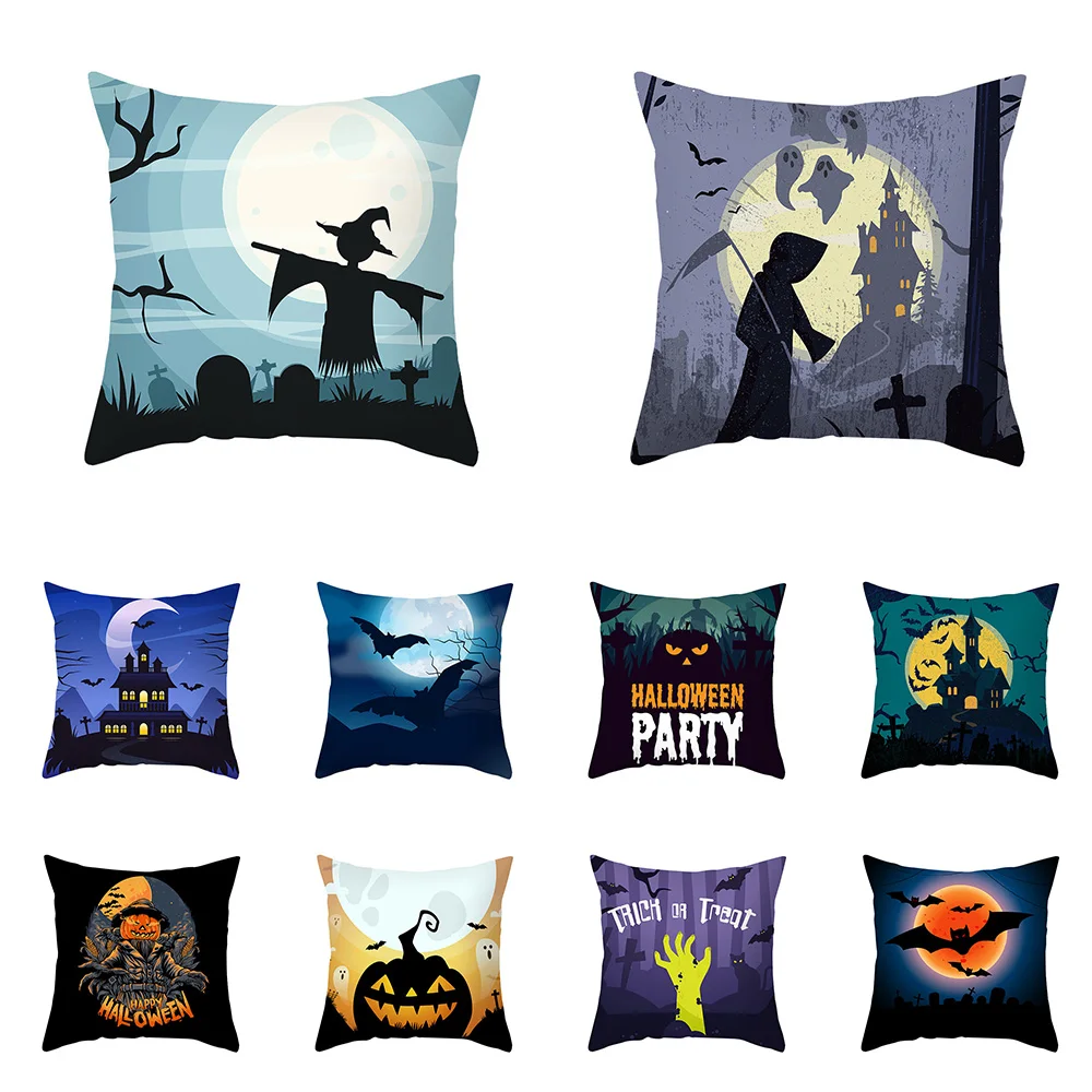 

Halloween Horror Pumpkin Bat Grim Reaper Print Pattern Home Living Room Sofa Decoration Polyester Pillow Cover 45x45cm