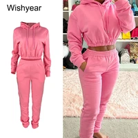 Casual Sports Wear Two Piece Set for Women Velvet Sweatshirt Hoodie Crop Top and Leggings Pants Suit Female WarmWinter Outfits
