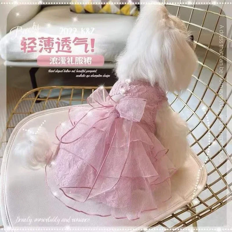 

Pink Lace Princess Dress Dogs Clothes Kitten Party Wedding Small Dog Clothing Cat Bowknot Chiffon Thin Summer Girl Pet Products