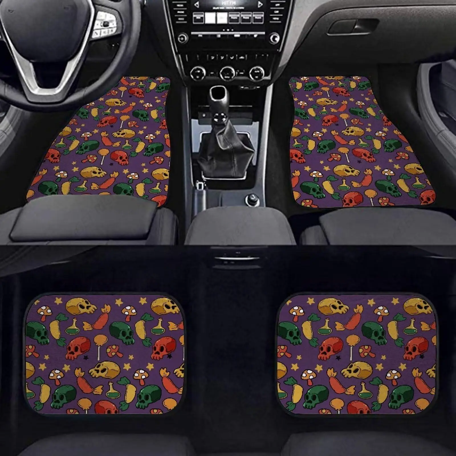 Halloween Skulls Mushroom Car Floor Mats Meat Star Magic Potion Car Front Rear Floor Foot Mats Anti-Slip Mat 4pc
