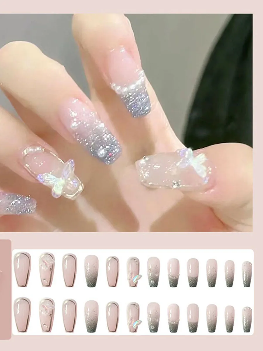 24 Pcs Long Press On Nails with Pink Rhinestones
