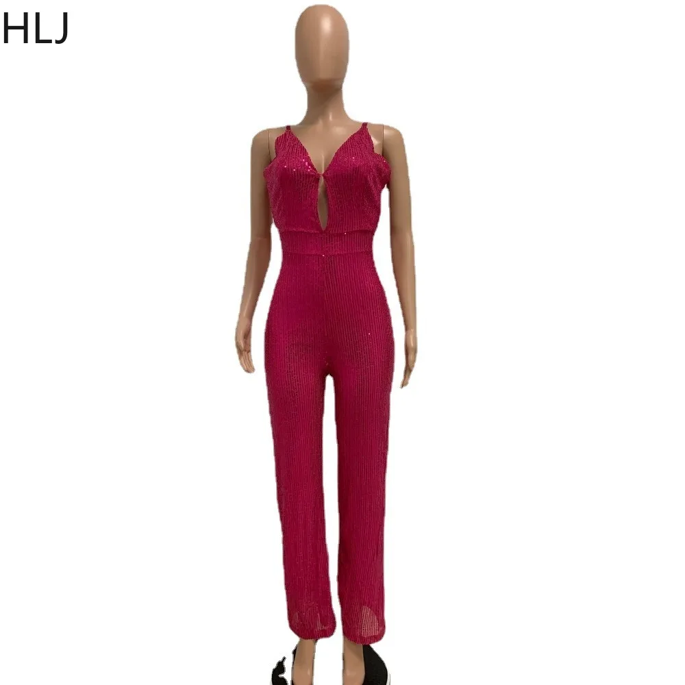 HLJ Sexy Deep V Backless Sequin Suspenders Jumpsuits Fashion Thin Strap Sleeveless Wide Leg Pants Playsuits Female Party Overall