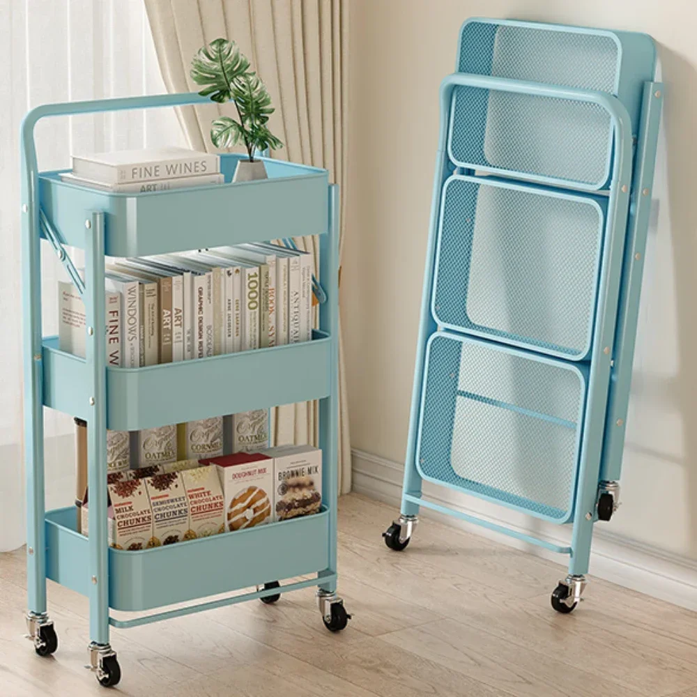 Folding Storage Trolley Kitchen Multi-layer Vegetables Rack Movable Fruits Snacks Storage Cart Household Space-Saving Trolley storage rack,rolling storage cart,folding shopping cart
