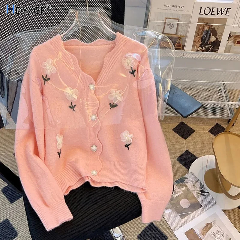 

Stylish 3d Flower Embroidery Knitted Cardigans Autumn V-neck Lazy Senior Sense Of Sweater Elegant Soft Cozy Ladies Knitwear Tops