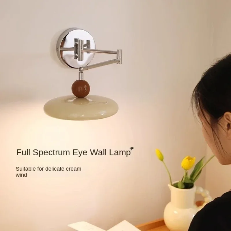Cream wind Folding Rocker Arm Wall Lamp LED Movable Bedside Lamp Modern Living Room Bedroom Wall Light Retractable Reading Light