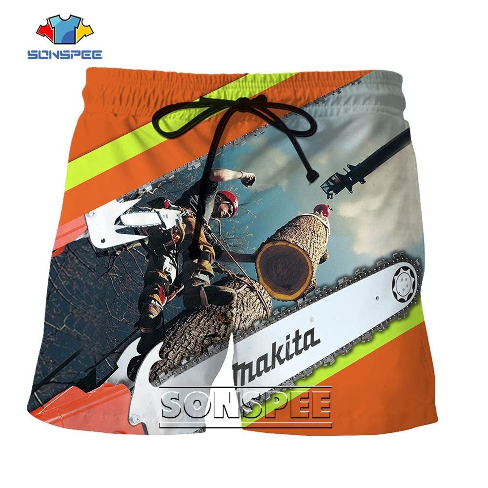 SONSPEE Chainsaw Tool Pattern 3D Print Street Lumbering Shorts Men Women Hip Hop Sawing Machine Harajuku Oversize Short Pants