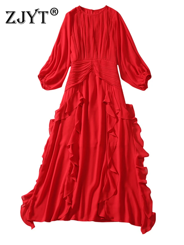 

ZJYT Autumn Elegant Ruffles Patchwork Long Dresses for Women 2023 Red Party Vestidos Fiesta Three Quarter Sleeve Holiday Robe