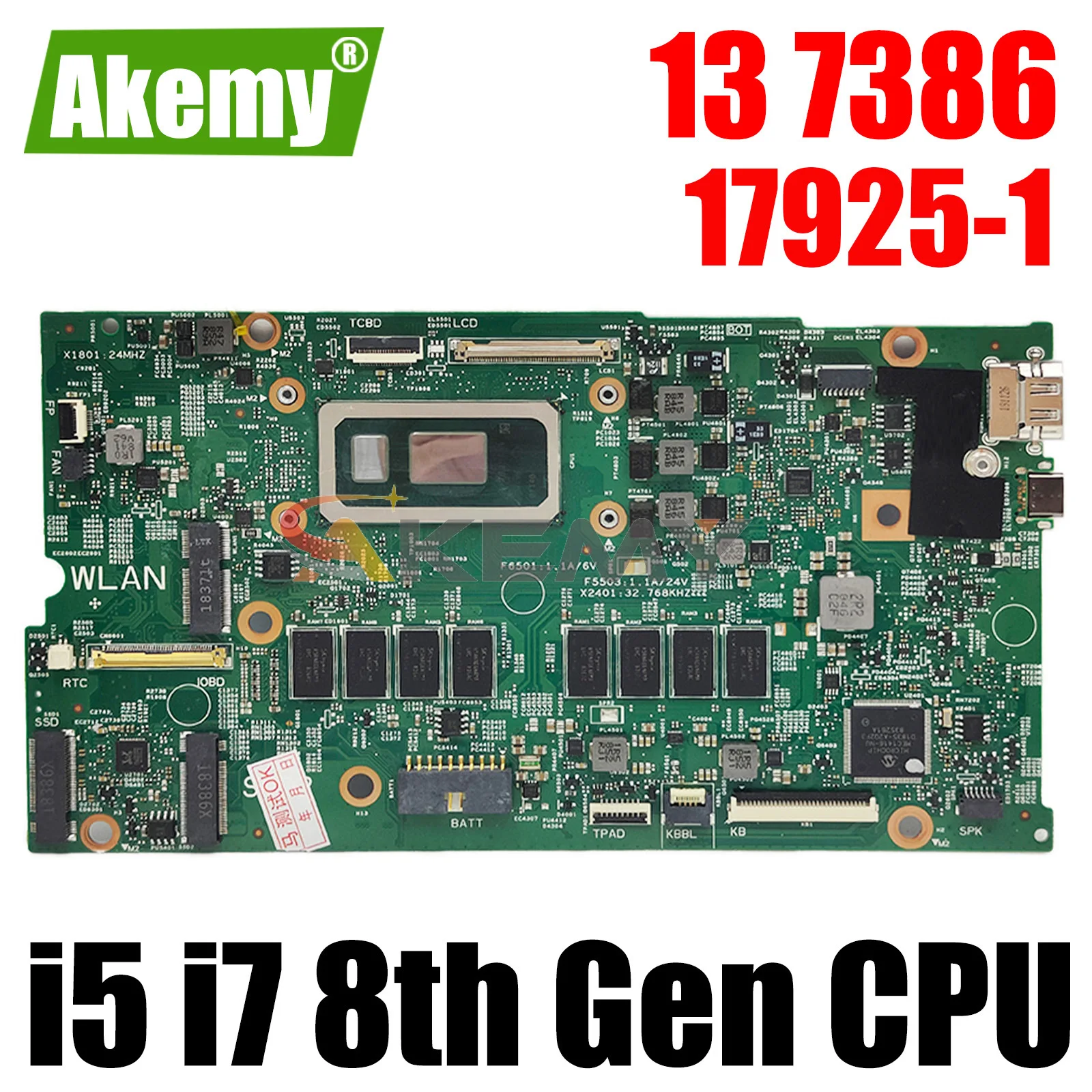 

CN-02CF17 0V86CW 0NDK8H 17925-1 For DELL Inspiron 13 7386 Laptop Motherboard With I5-8265U I7-8565U CPU 8G RAM Mainboard