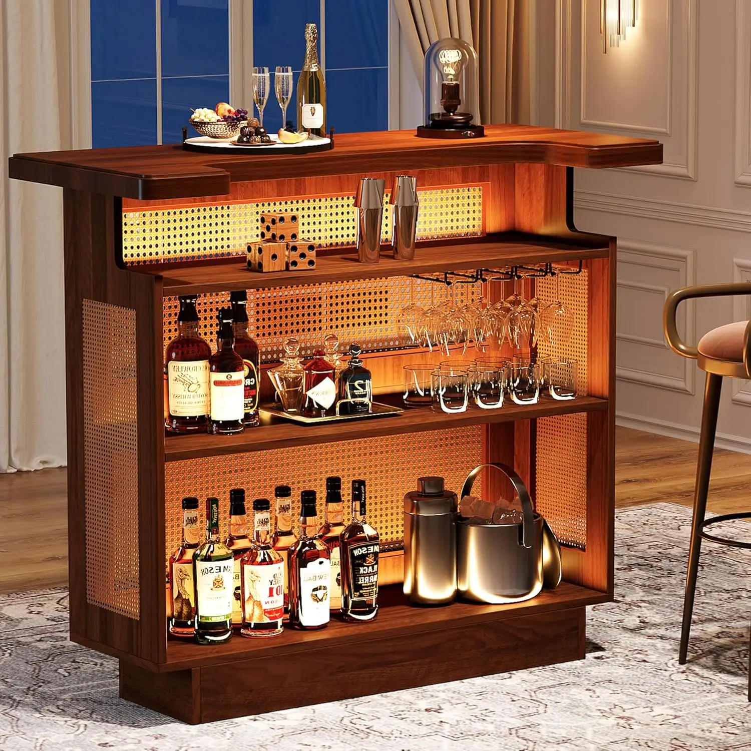 Rattan Home Bar Unit, Farmhouse 4-Tier Bar Table with 4 Stemware Racks and Heightened Base, Liquor Wine Cabinet Mini