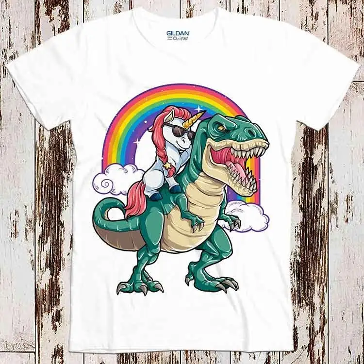 Unicorn Riding Dinosaur T Rex Funny Party Rainbow Squad Miglior Regalo Top Tee T Shirt 8753