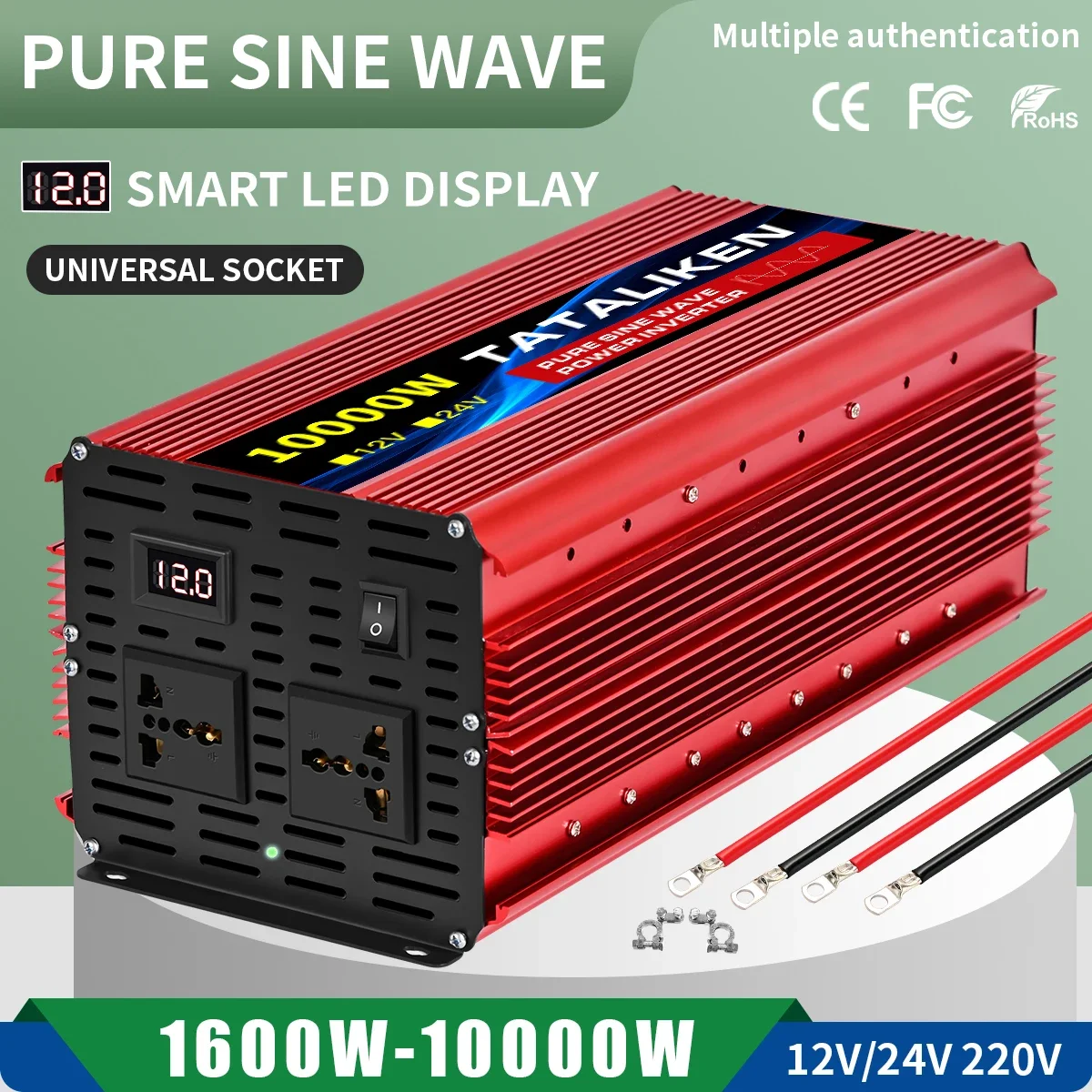 

1600W-10000W Pure Sine Wave Power Inverter 12V/24V DC to 110V/220V Converter with Type-C Ports 2 AC Power Outlets LCD Display