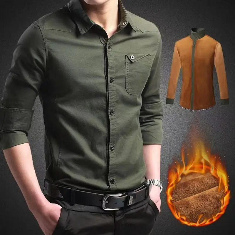 

Men's Shirts Shirt for Men Fleece Thick Warm Cotton Casual Retro Slim Fit Long Sleeve Green Jacket Streetwear Drop Shipping